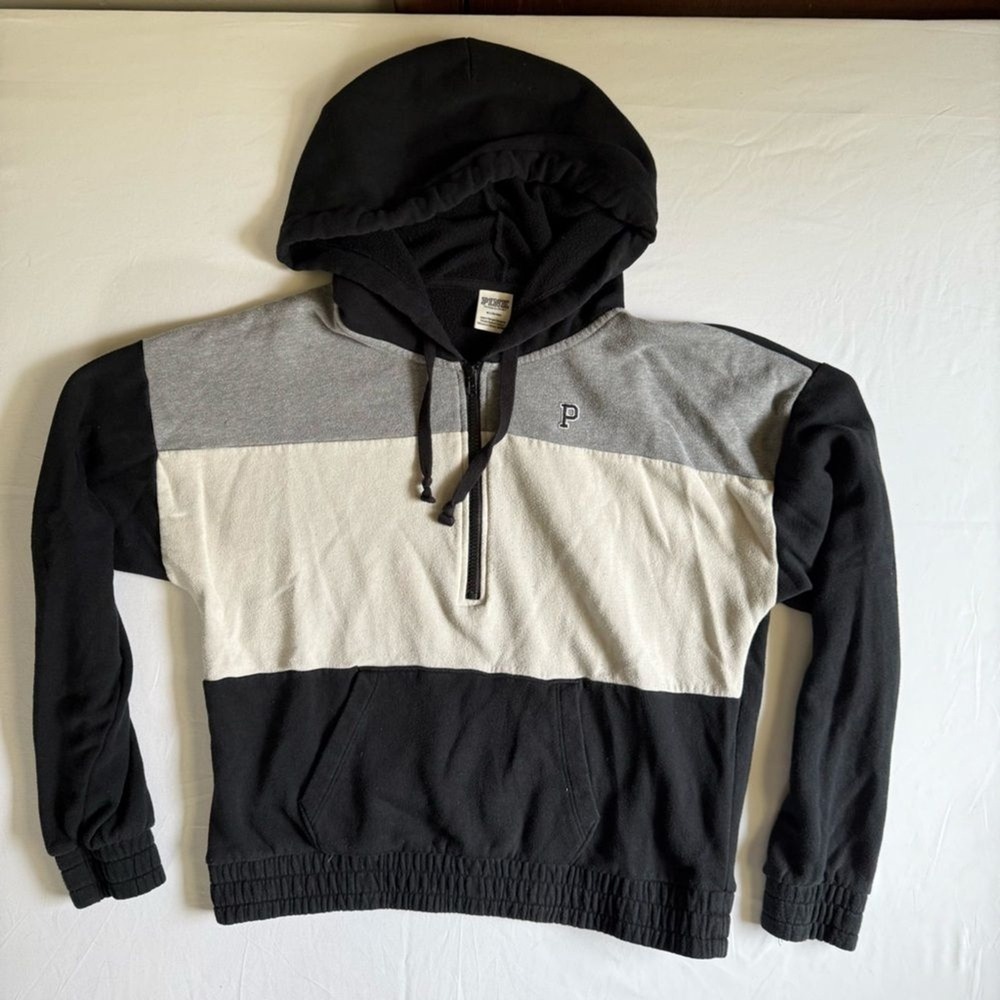 PINK | Women's M, Black/Gray/Cream, Quarter-Zip Hoodie‎